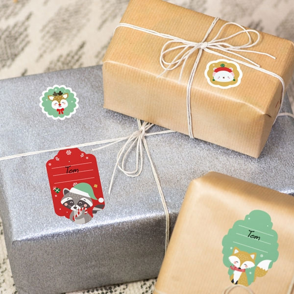 Etiquettes pour marquer les cadeaux de Noël  - Animaux Rouge Vert